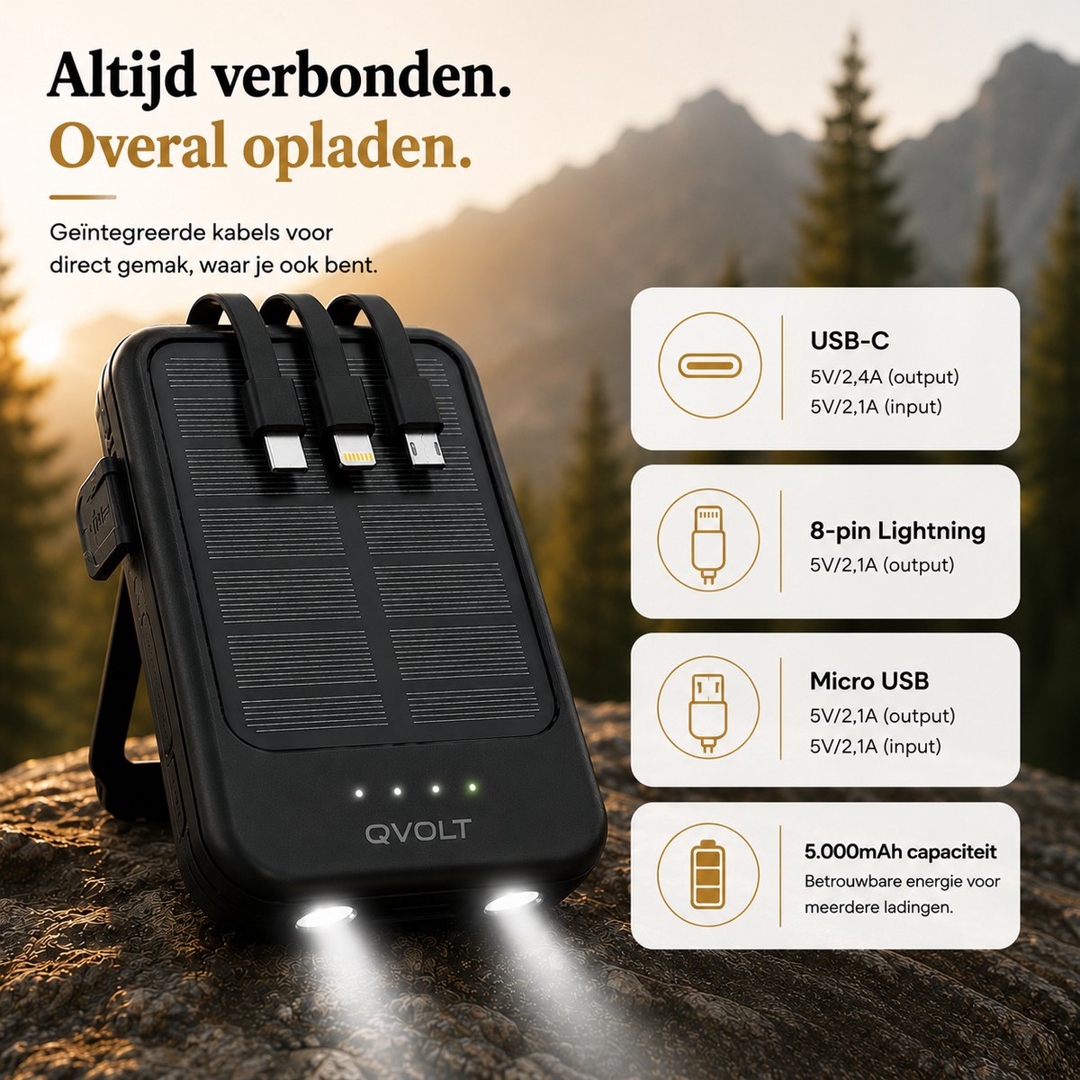 Solar Powerbank met Zaklamp - Zonne Powerbank 5000 mAh - USB-A&USB-C - Mini Powerbank Zonneenergie - Universeel Charger - Solar Panel Powerstation - Portable Charger - Incl. Kabels - Lichte Powerbank met Zonnepanelen - Noodpakket - Zwart - Soundlogic – foto 2