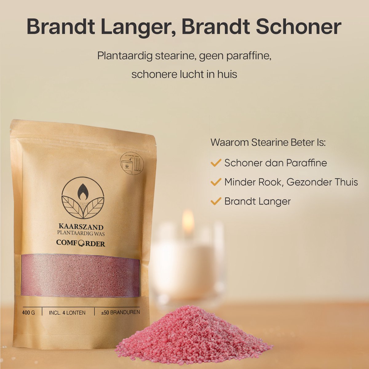 Comforder Kaarsenzand Set met 4 Lonten - 400g Roze - Kaarsen maken voor Volwassenen - Kaarszand Was & Kaarsenwas - Burning Sand Wax - Kaars Zand Candle Making DIY Kit - 50 Branduren — afbeelding 5