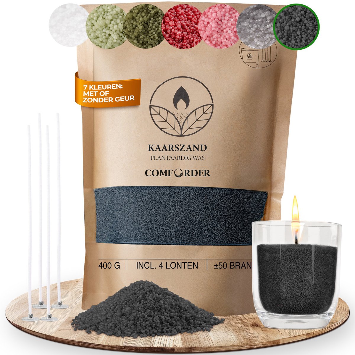 Comforder 400g Kaarsenzand Zwart - Burning Sand - Kaarsen Maken voor Volwassenen - 50 branduren - Met 4 lonten