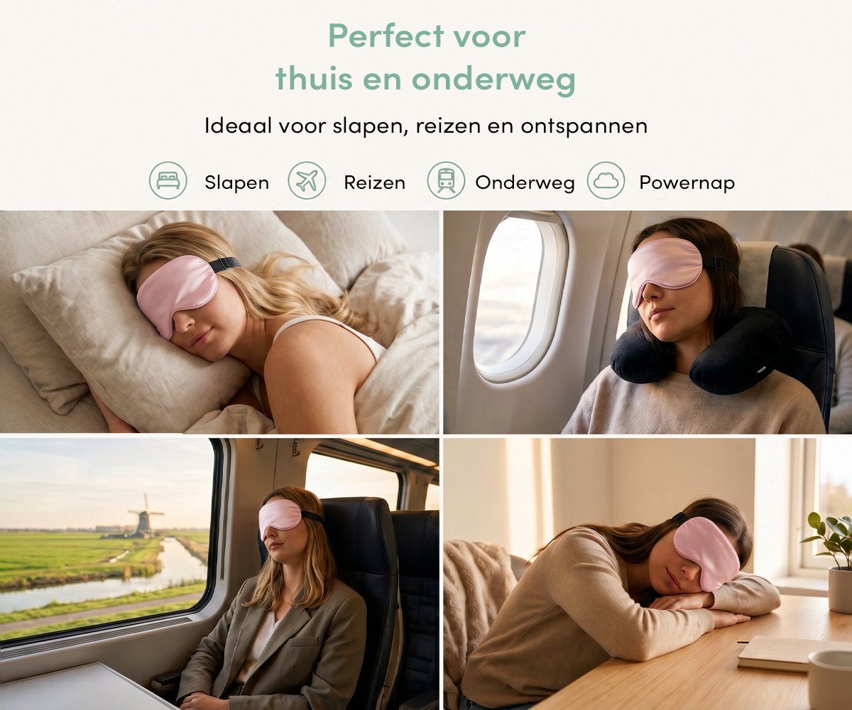 Loti Premium Zijden Slaapmasker + Opbergzakje - 100% Verduisterend Oogmasker - Verstelbaar - Blinddoek - Zijdezacht - Anti-Rimpel – Eye Mask – Sleep Mask – Roze — afbeelding 5