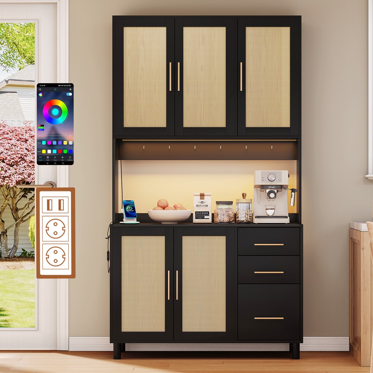 Keukenkast - Keukendressoir - buffetkast van 183 cm met app-gestuurde decoratieve ledverlichting, 2 x USB-poorten, 2 x stopcontacten, verstelbare planken, 3 lades en goudkleurige metalen handgrepen - Wit