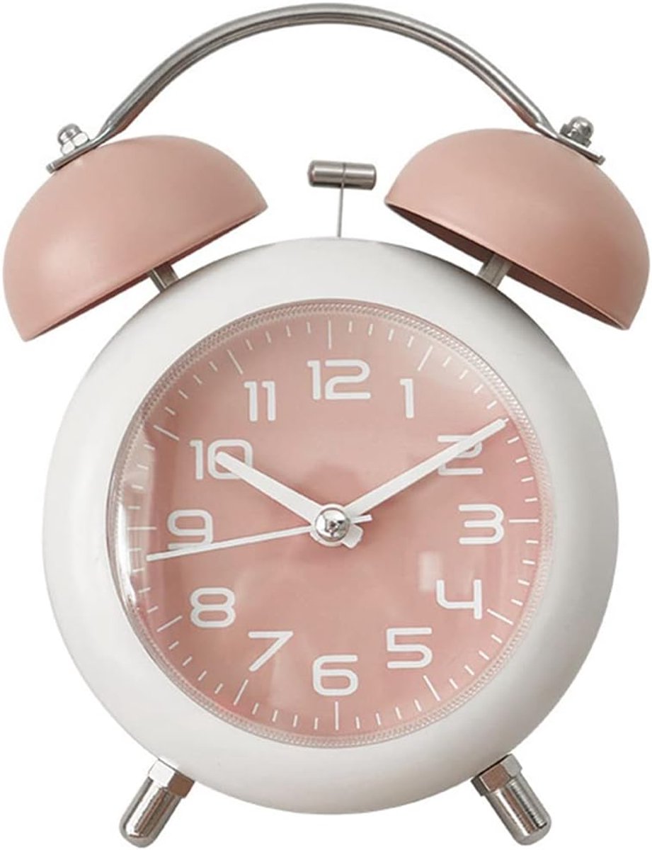 Oneay Wekker, metalen analoge bureauklok van 10 cm met nachtlampje, stil, voor studentenkamer, thuis, kantoor en op reis (Roze)