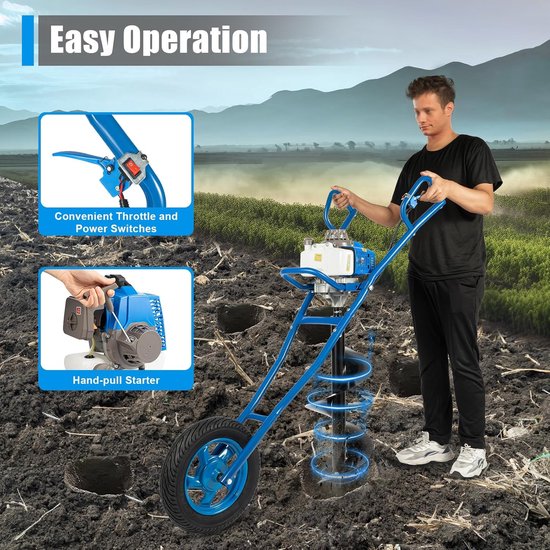Benzine Grondboor - Grondboormachine Tuin - Gaten Boren - Met Handwagen - 63 cc - Blauw — afbeelding 3