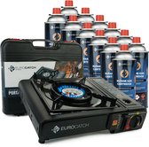 Eurocatch Kooktoestel op Gas - incl 12 Gasbussen - Krachtige brander van 2500W - Gas Stove - Camping Kooktoestel - Gaspit - Gasfornuis - Gasstel - Cooker - Draagkoffer