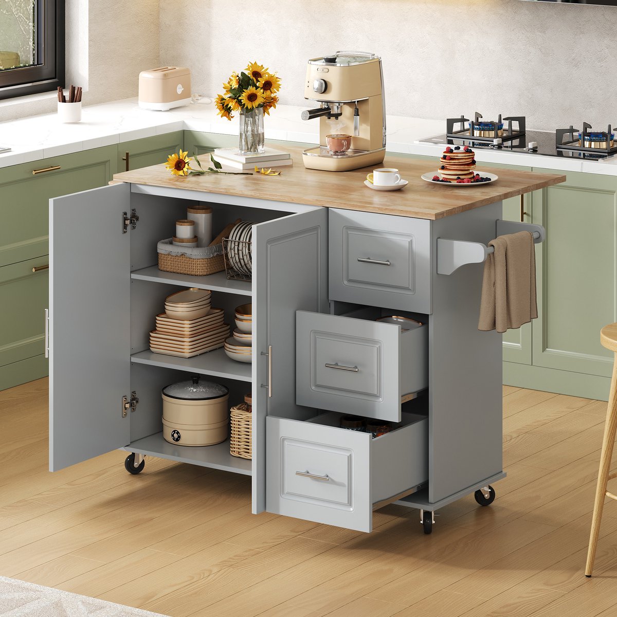 verplaatsbare keukentafel - L137xB76xH92 cm, eikenhouten werkblad, inklapbaar ontwerp, multifunctioneel kastje, 3 lades, handdoekrek, geschikt voor keuken, eetkamer en thuis - Grijs