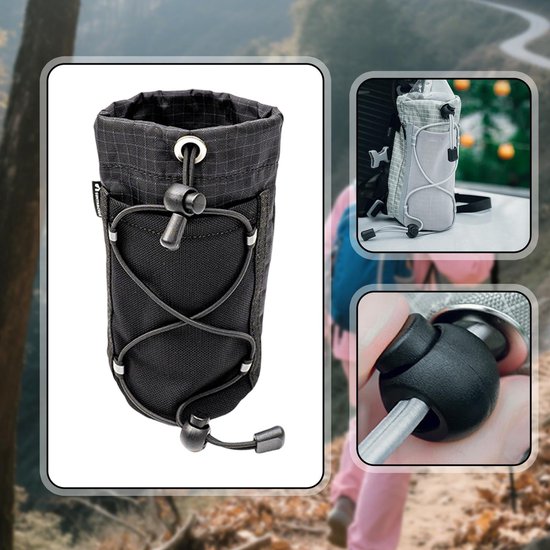 Bidonhouder voor Rugzak Schouderband - 17x9cm - Universele Fleshouder & Telefoontasje - Voor Wandelen, Hardlopen & Kamperen - Zwart — afbeelding 2
