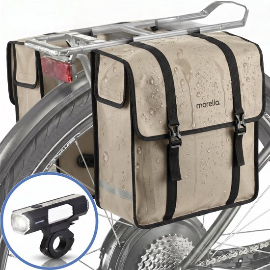 Morelia® Fietstas - Incl Voorlamp 400 Lumen - Fietstassen - Fietstassen Electrische Fietsen - Fietstassen Dubbel - 48 Liter - 100% Waterdicht - Tarpaulin materiaal - Beige