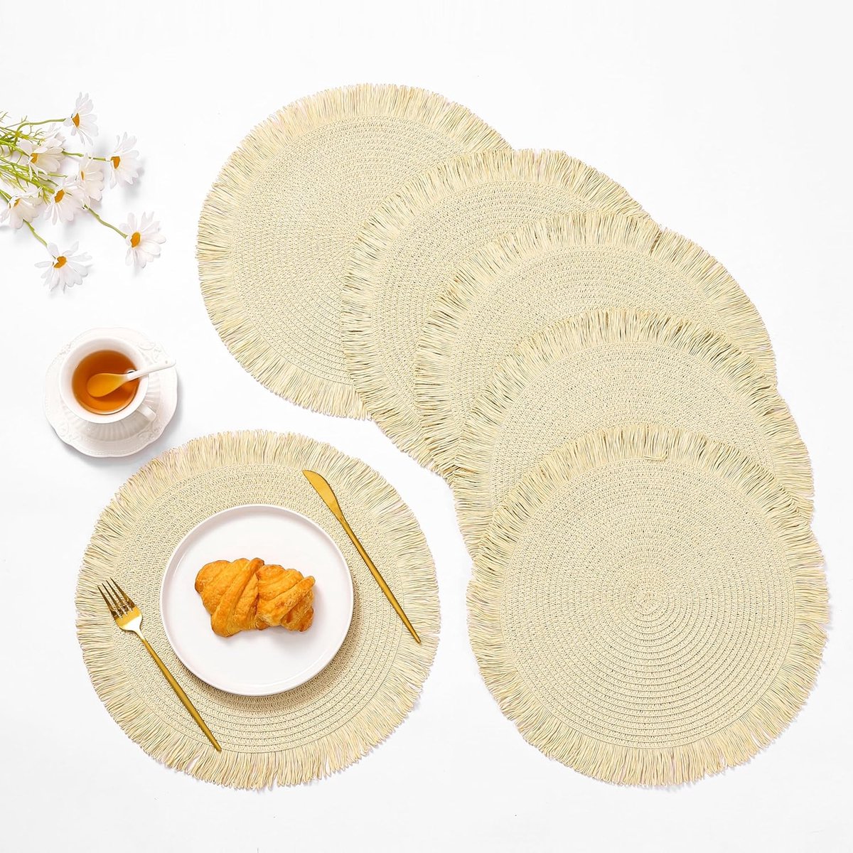Ronde geweven tafelkledenset (6 stuks) - 38 cm in diameter - Decoratieve placemats in Boheemse stijl, gemaakt van geweven papier en jute - Geschikt voor eettafels, bruiloften en feestelijke diners - Lichtgeel