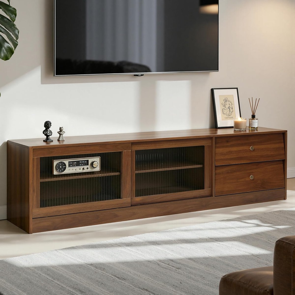 TV Meubel Japandi 160 x 39 x 45 cm Eikenlook – TV Kast met Opbergruimte, Deuren en Open Vakken – Modern Scandinavisch TV Dressoir voor Woonkamer – Mobili Bella