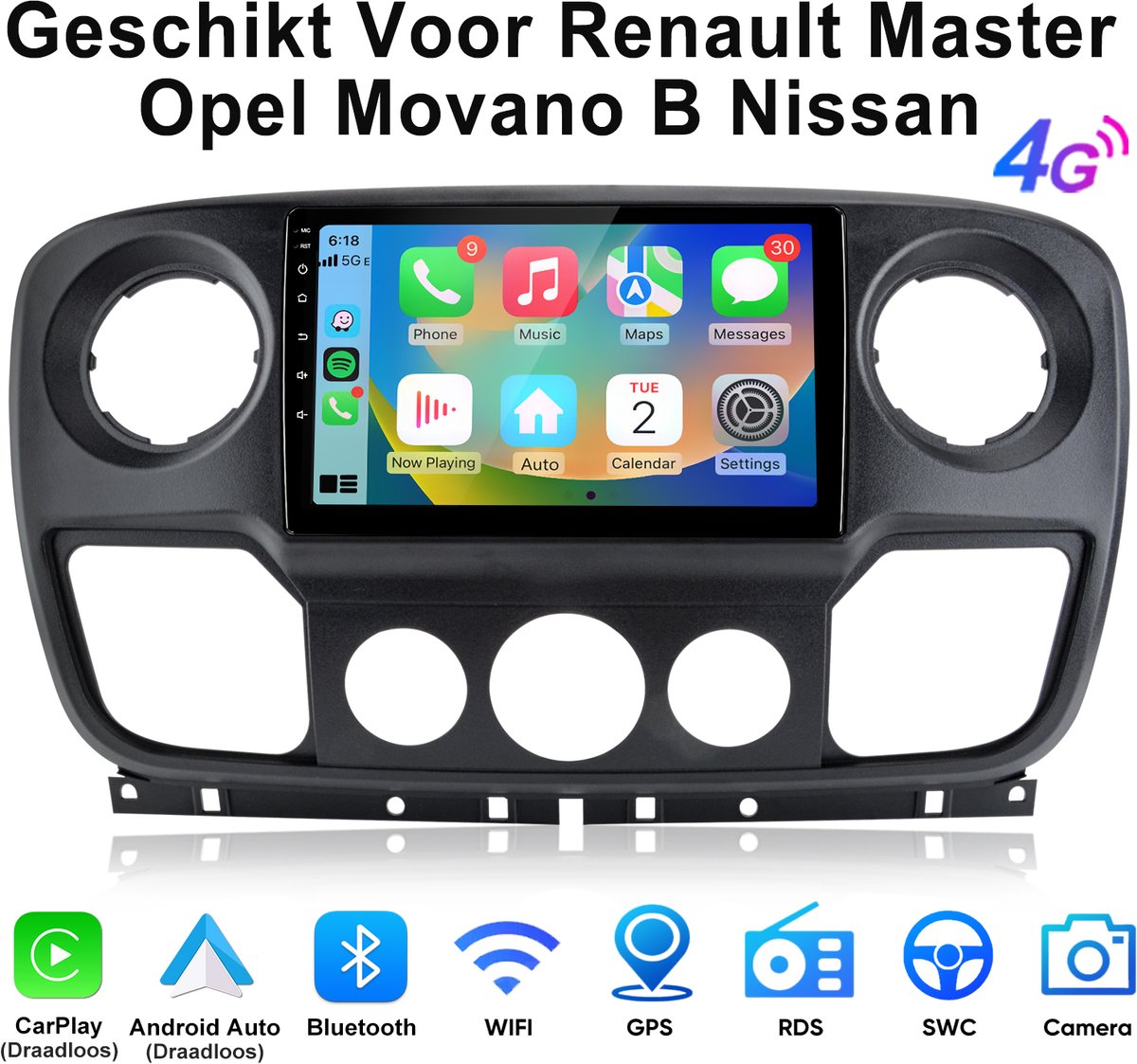 JUNSUN CarPlay Android Auto Autoradio Geschikt voor Renault Master Opel Movano B Nissan NV400 (2010-2021) Android 15 GPS Navi WIFI BT RDS 6GB+128GB 8-Kern