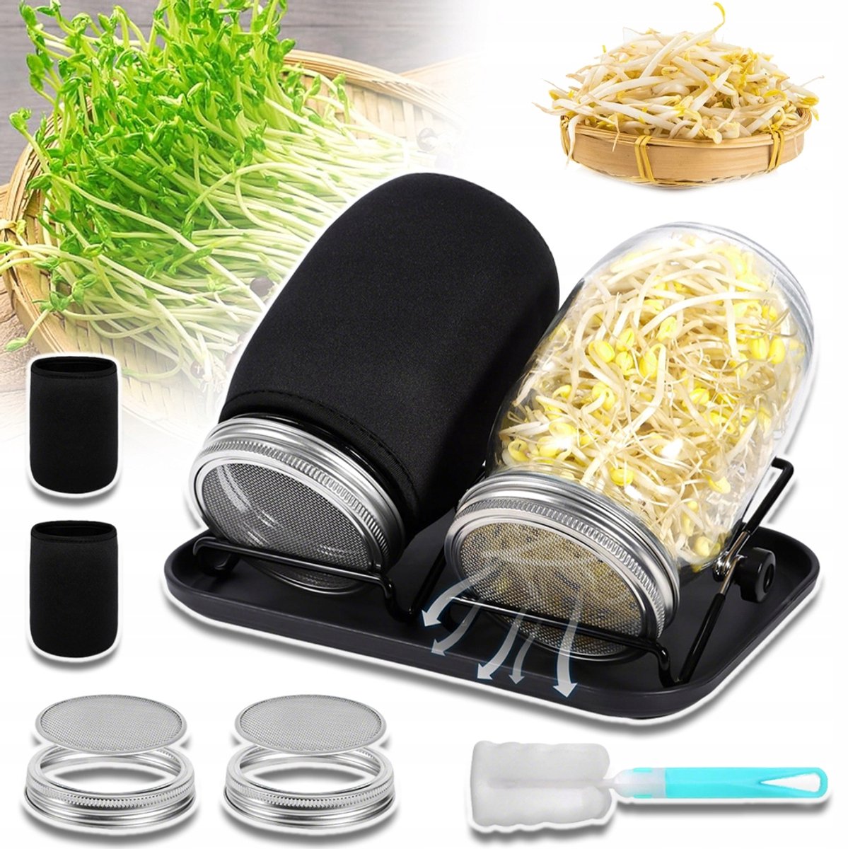 Kit Voor Biologische Zaden Kiemen - 2× 1000ml Stenen Potten Met Wijde Opening Roestvrijstalen Spruitdeksels En Standaard Verduisteringsmouwen Afvoerbak - Kweek Broccoli Alfalfa En Bonenmicrogreens