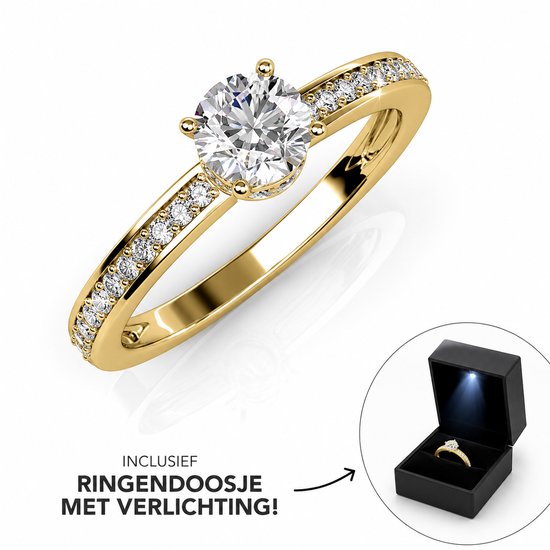 Maison Cécile | Verlovingsring Goud – Maat 52 – Solitaire Ring met Zirkonia – Incl. Luxe Ringdoosje met LED Verlichting