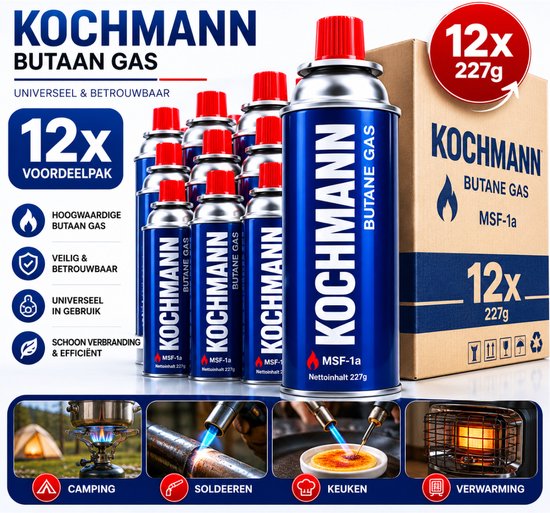 Kochmann - Butaangas 12x 227g - Gaspatronen Voordeelverpakking – Universeel Butaan Gas Navulling Gasbus Cartridge – Hoogwaardig Butaangas voor Gasbranders, Kooktoestellen en Diverse Gasapparaten – 12 Stuks Butaan Gaspatroon Set — afbeelding 5