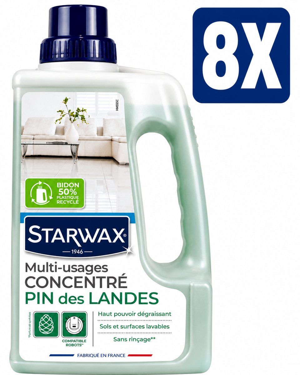 Starwax Allesreiniger Multi-Usages Pin des Landes 1 Liter - Set van 8 Flessen (8 L Totaal) - Geurverdrijver Ontvetter Zonder Bleekmiddel en Zonder Spoelen - Made in France