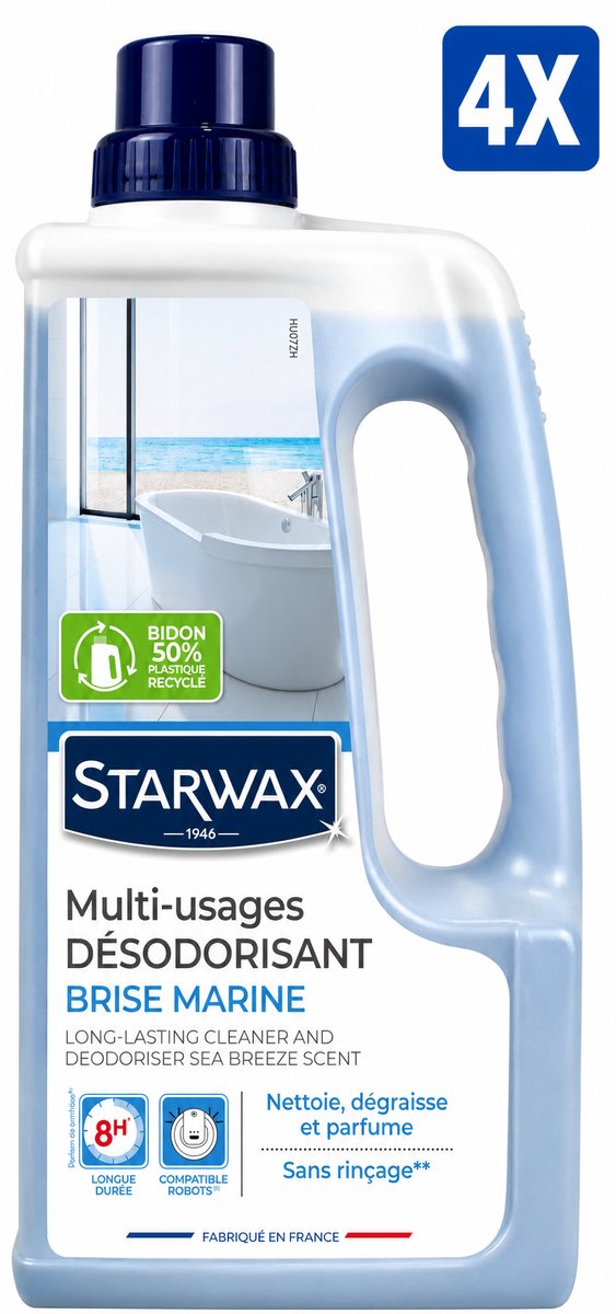 Starwax Allesreiniger Multi-Usages Brise Marine 1 Liter - Set van 4 Flessen (4 L Totaal) - Geurverdrijver Ontvetter Zonder Bleekmiddel en Zonder Spoelen - Made in France