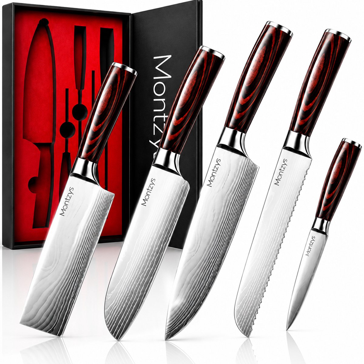 Montzys® Professionele Messenset 5-Delig - Koksmes, Hakmes & Broodmes met Japans Damascus Stijl - Schilmesjes & Dunschiller - Inclusief Beschermers & Luxe Geschenkdoos