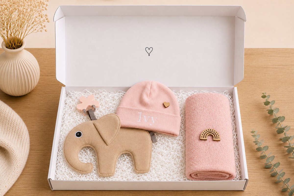 Kraamcadeau Meisje – Babyshower Cadeau & Gender Reveal Gift Box – Baby Cadeau Set met Mutsje met naam gepersonaliseerd, Spuugdoekje & Tutpop roze