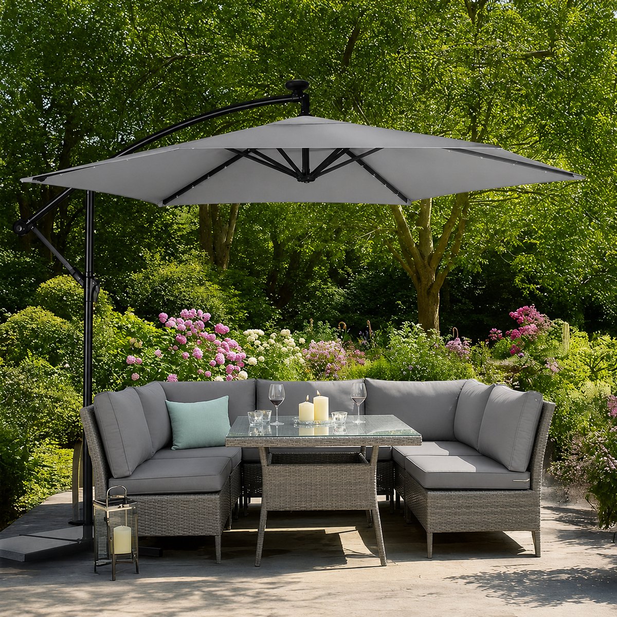 Jurrys Parasol - Zweefparasol - Schaduwdoek - Tuinparasol - Inclusief verlichting - Complete set - Polyester - Grijs - 300cm – foto 7