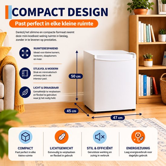 Celestul Mini Koelkast 45L - Koelkast met Vriesvak - Stille Minibar 41 dB - Compacte Koelkast voor Slaapkamer, Kantoor & Studentenkamer - Wit — afbeelding 2