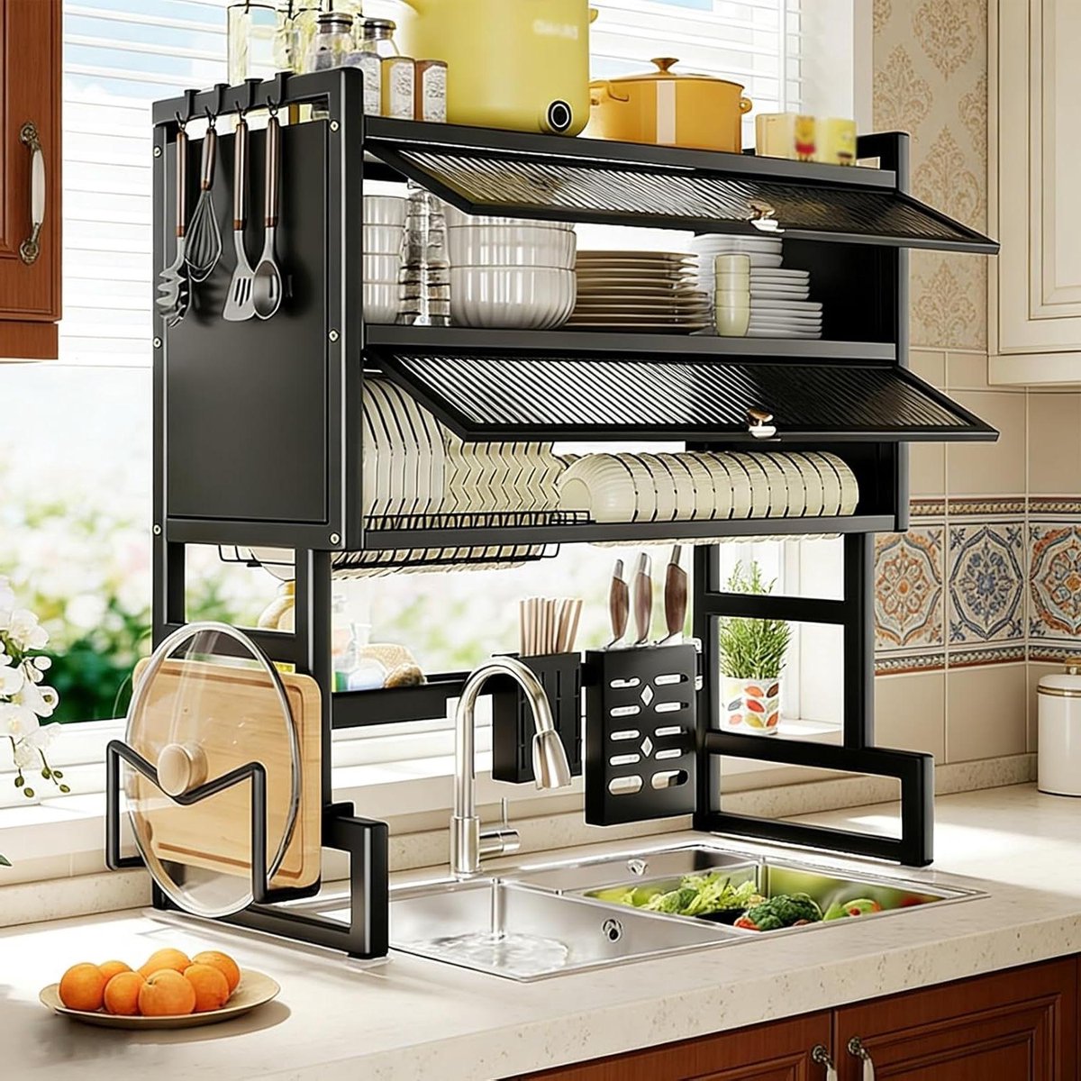 Keuken Organizer - Afdruiprek - Keuken Opbergen - Stofdichte Kast - 65-105 cm - Zwart