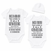 Baby rompertjes set met mutsje met tekst bekendmaking zwangerschap mama en papa Cadeau voor liefste aanstaande bekendmaken aankondiging bekend maken worden geboorte meisje jongen zwanger unisex kraamcadeau babygeschenk babygeschenkset kraampakket