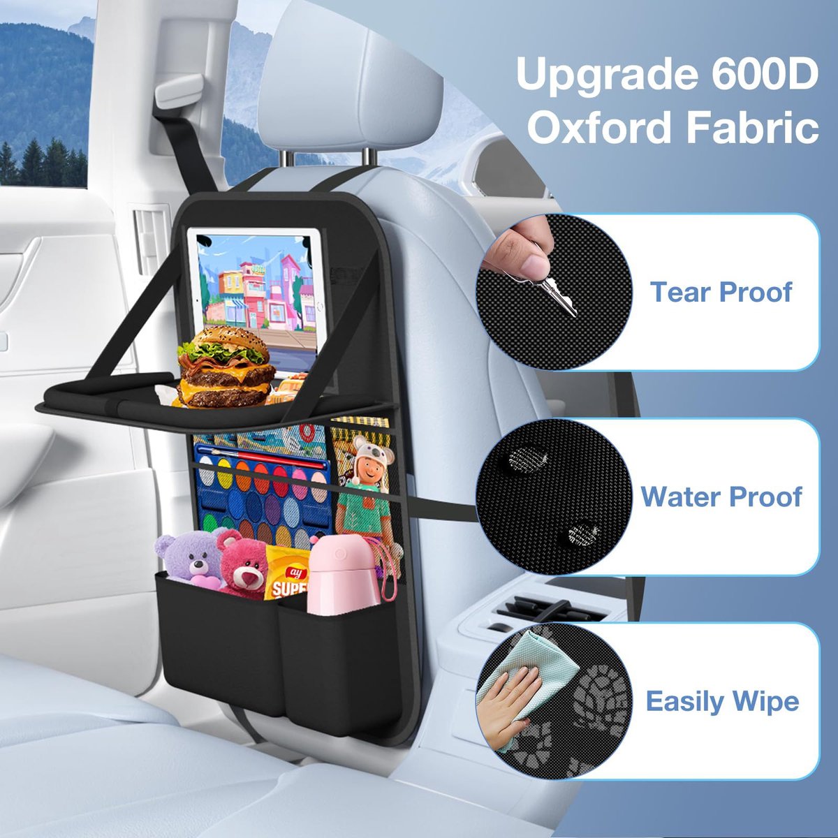 Auto-organizer voor kinderen met opklapbaar tafeltje – Achterbank-organizer met touchscreen-tabletvak, waterdichte rugleuningbescherming, past in de meeste voertuigen – foto 6