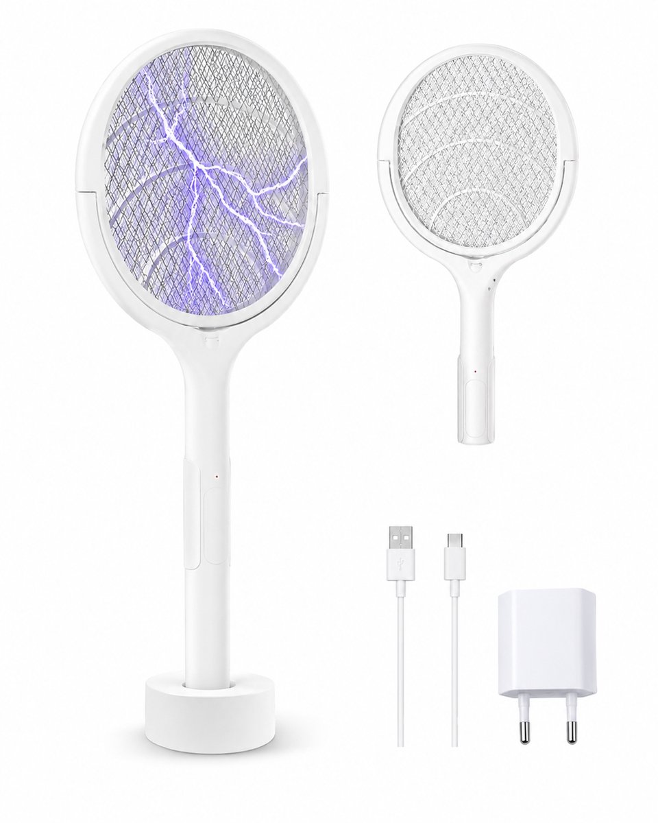 Elektrische Vliegenmepper - Insectenverdelger - Muggenmepper voor Binnen en Buiten - Oplaadbaar via USB C - Draaibare Kop - Uitschuifbare Telescoopstang 43 tot 70 cm - ABS Kunststof - Wit - Wandmontage en Staand Gebruik