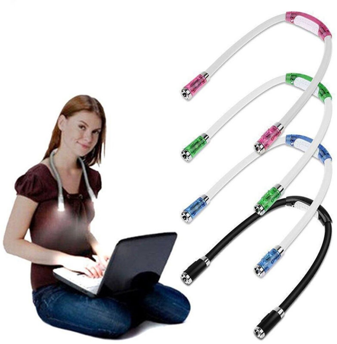 Een set van 4 LED-leeslampjesgeschikt voor om de nek, oplaadbaar via USB, flexibel, geschikt voor 4 standen, handsfree nachtlampjes.