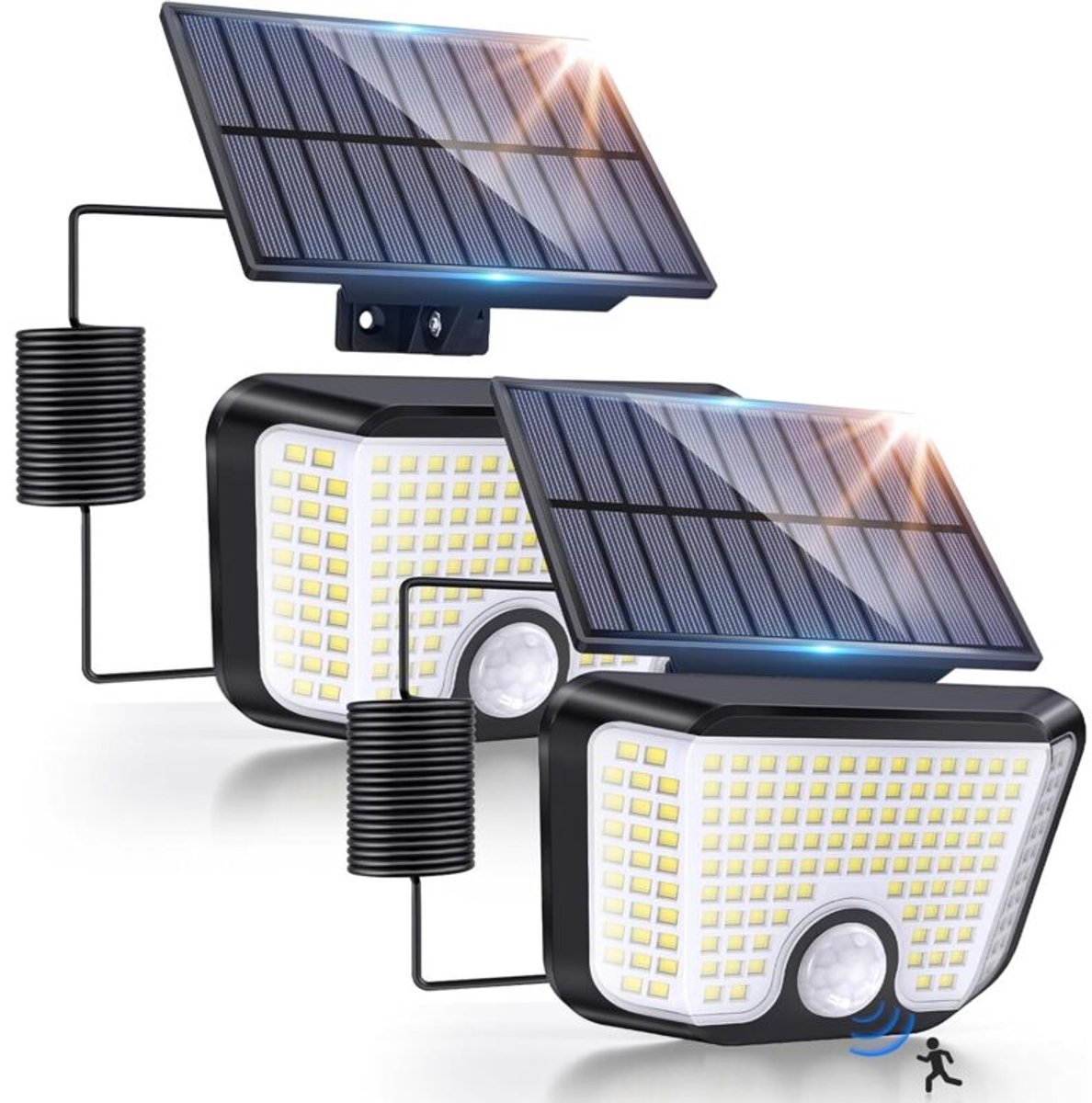 Twee op zonne-energie werkende buitenlampen geschikt voor bewegingssensor, 155 ledlampjes, bewegingssensorfunctie op zonne-energie, waterdicht, geschikt voor een kabel van 3 geschikt voorer.