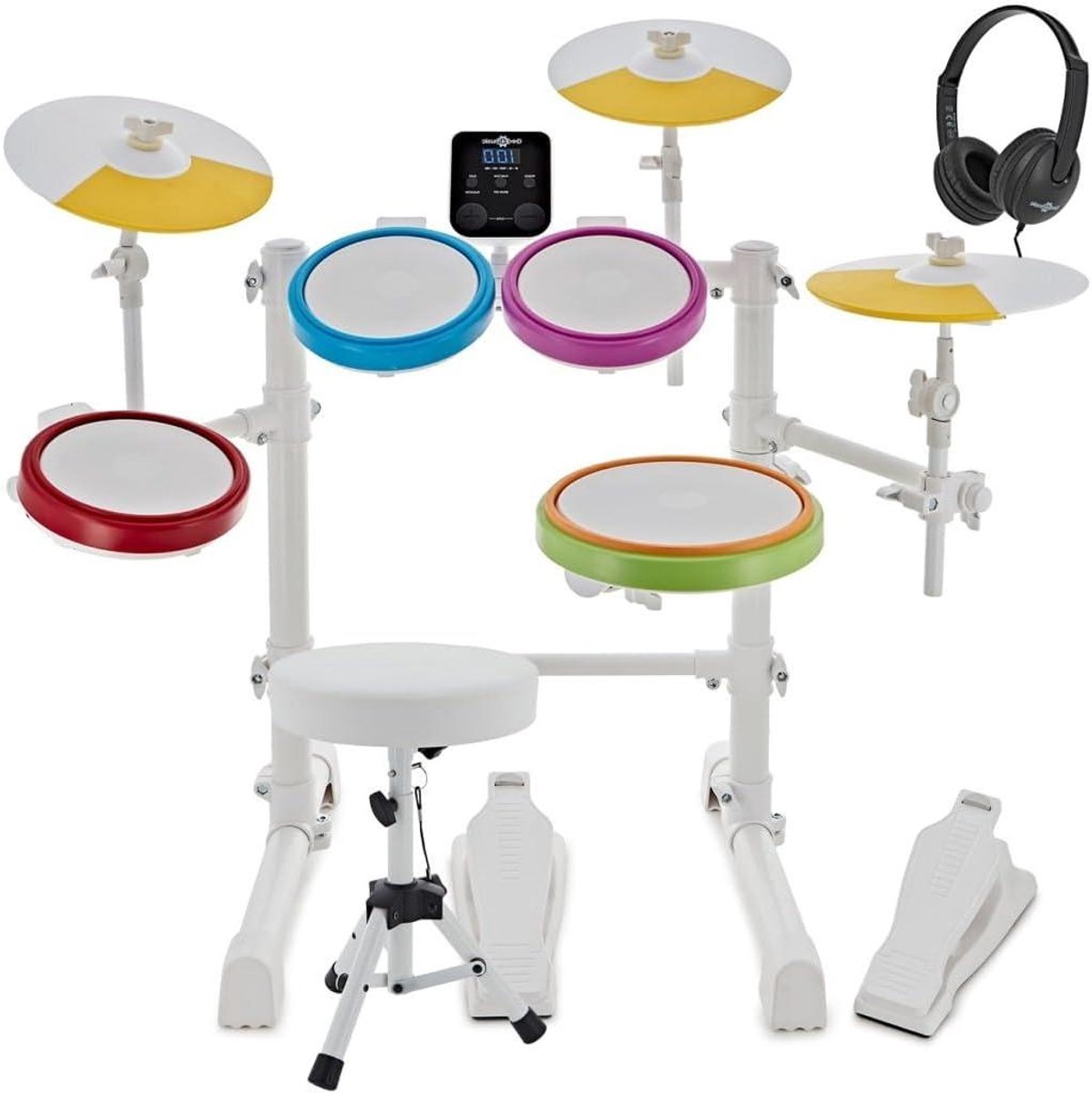 Elektronisch Drumstel - Kinder Drumstel E-Drums - Muziek Leren Spelen - Mesh Drumvellen - Compact Opvouwbaar - Wit