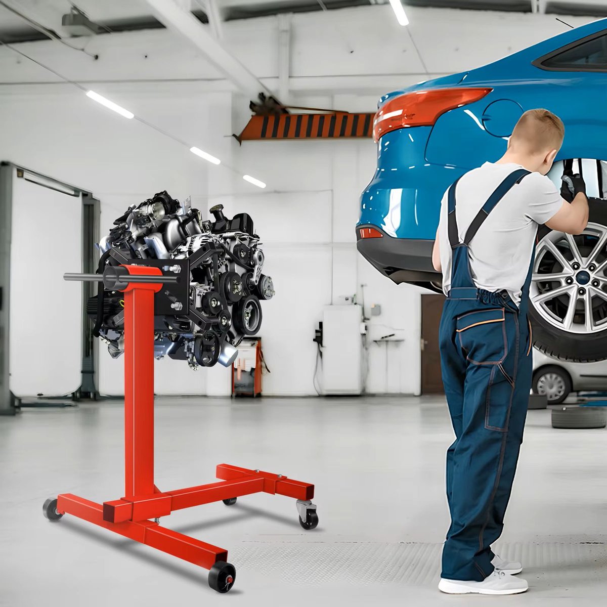 Venzor - Motorstandaard 450 kg - 68x69x71 cm – 360° Draaibare Motorblokhouder – Verstelbare Kop – Gelegeerd Staal – Met Wielen – Voor Autoreparatie