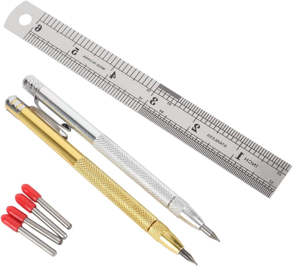 Tungsten Carbide Pen - Graveerpen Etspen - Materiaal Markeren - Met Magnetische Grip - 2 Stuks Inclusief Liniaal - Zilver