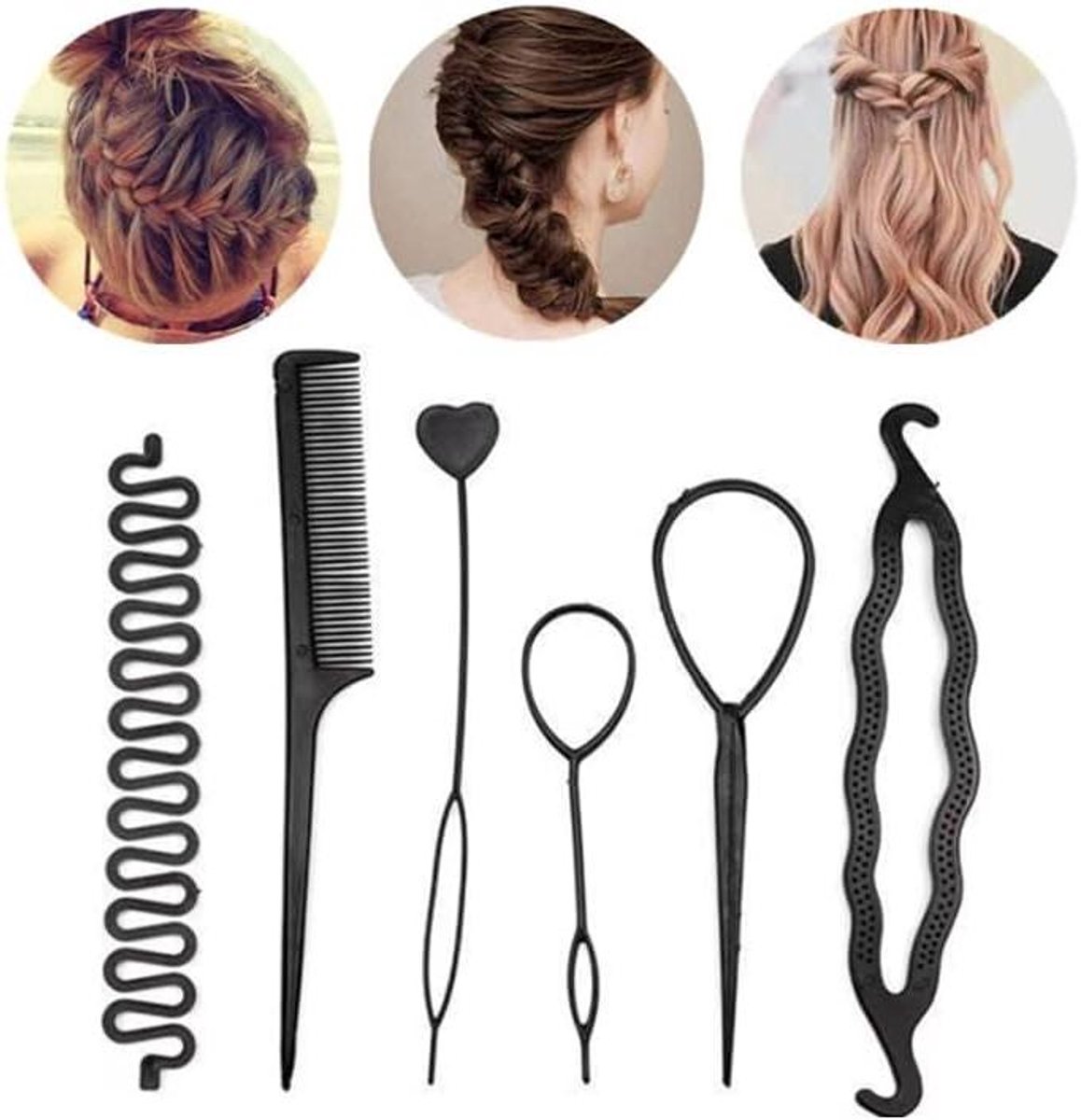 Haarstyling Set - Vlecht Tool - Kapsels Maken - Eenvoudig In Gebruik - 6 Stuks - Zwart