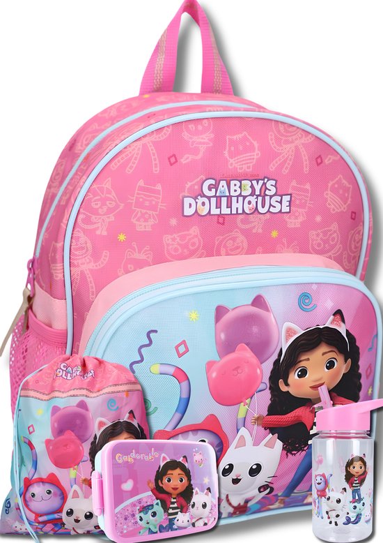 Gabby’s Dollhouse 4-Delige Schoolset Meisjes – Rugzak, Gymtas, Lunchbox & Drinkbeker – Kinder Schooltas – Roze