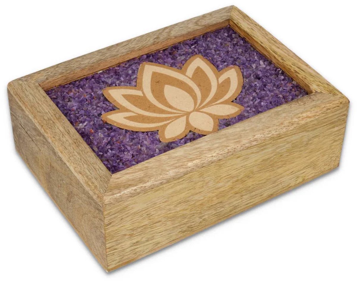 Tarot sieradendoos Lotus amethist mangohout - ± 18 cm x14 cm x 7 cm