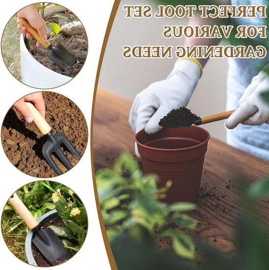 Dailygoods - Tuingereedschapsset, 3 stuks, premium tuingereedschapsset, houten handvat, handheld tuinschep, kleine smalle schep, hark, tuinset, tuingereedschap voor bonsai, gereedschap, planten, potbloemen van Dailygoods — afbeelding 3