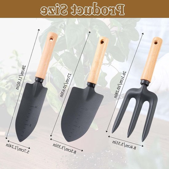 Dailygoods - Tuingereedschapsset, 3 stuks, premium tuingereedschapsset, houten handvat, handheld tuinschep, kleine smalle schep, hark, tuinset, tuingereedschap voor bonsai, gereedschap, planten, potbloemen van Dailygoods — afbeelding 5