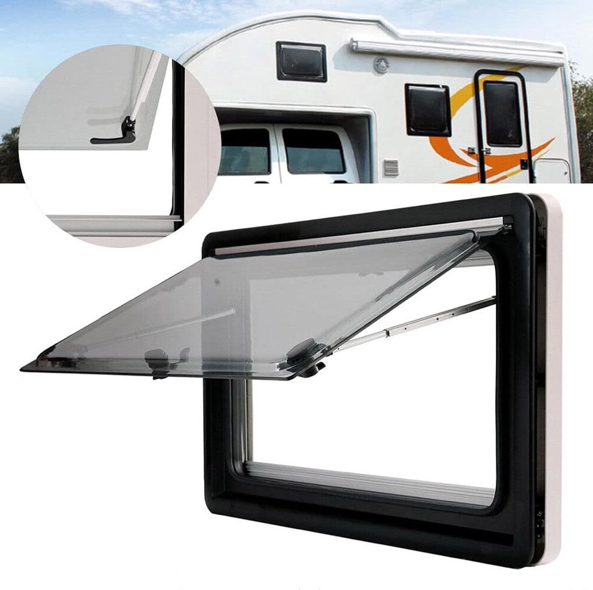 Nooduitgangsraam Camper - Caravanraam Dubbel - Verbeter Reiscomfort - Dubbel Beglaasd - 900 x 900 mm - Grijs