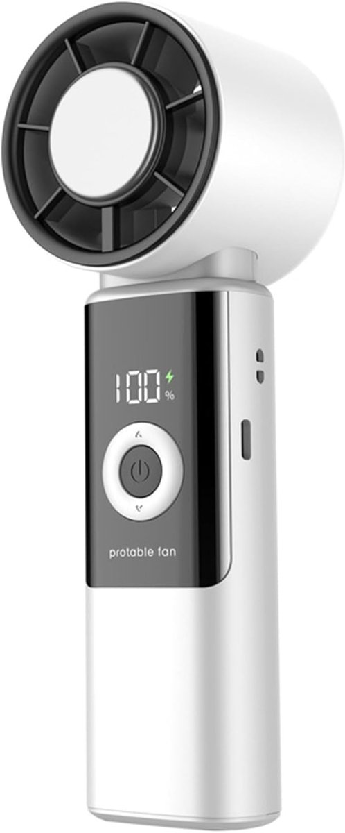 Oplaadbare draagbare ventilator voor gebruik om de nek, op het bureau of in de hand; mini-ventilator met slim display en snelle turbine-luchtstroom - wit.