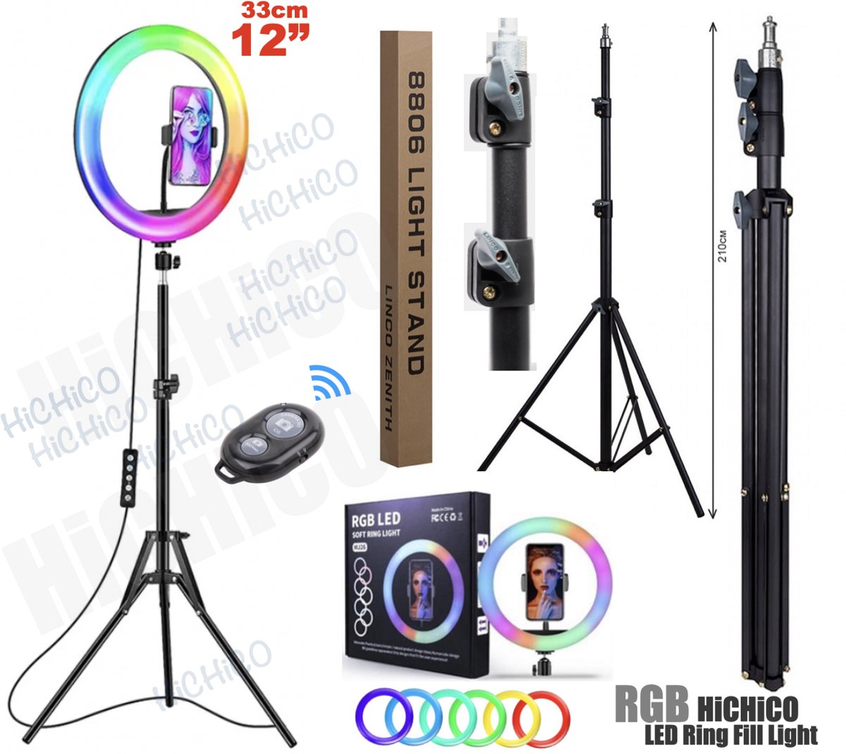 Tripod Camera Statief 2M met LED Ring Lamp 33cm - LED Ring Light 12inch Inclusief Bluetooth shutter – HiCHiCO®