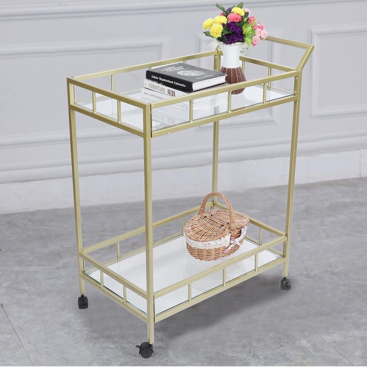 Barwagen op Wielen – Industriële Moderne Gouden Serveerwagen met Gehard Glas en IJzeren Frame – Luxe Dranken Trolley / Keukentrolley voor Bar, Keuken, Restaurant & Club – Mobili Bella