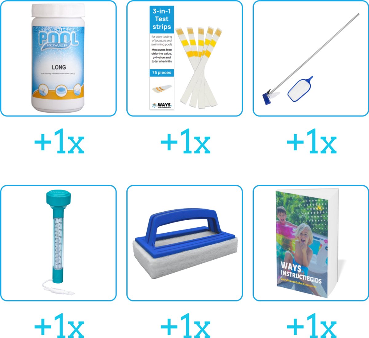 Zwembad Onderhoudspakket - Onderhoud Zwembad - bevat Chloor - Testrips - Schoonmaakset - Thermometer - Scrubborstel en Zwembadgids (6-delig)