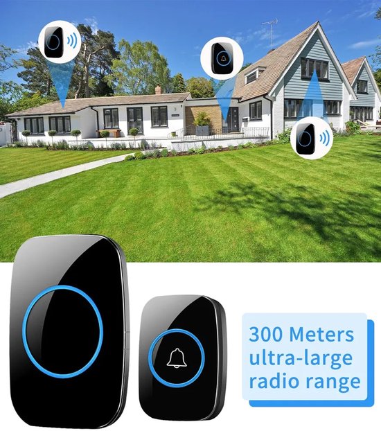 Waterdichte draadloze deurbelset, draadloos bereik van 300 meter, geschikt voor voordeuren, 60 beltonen, 5 volumeniveaus, LED-indicator, zwart. — afbeelding 2