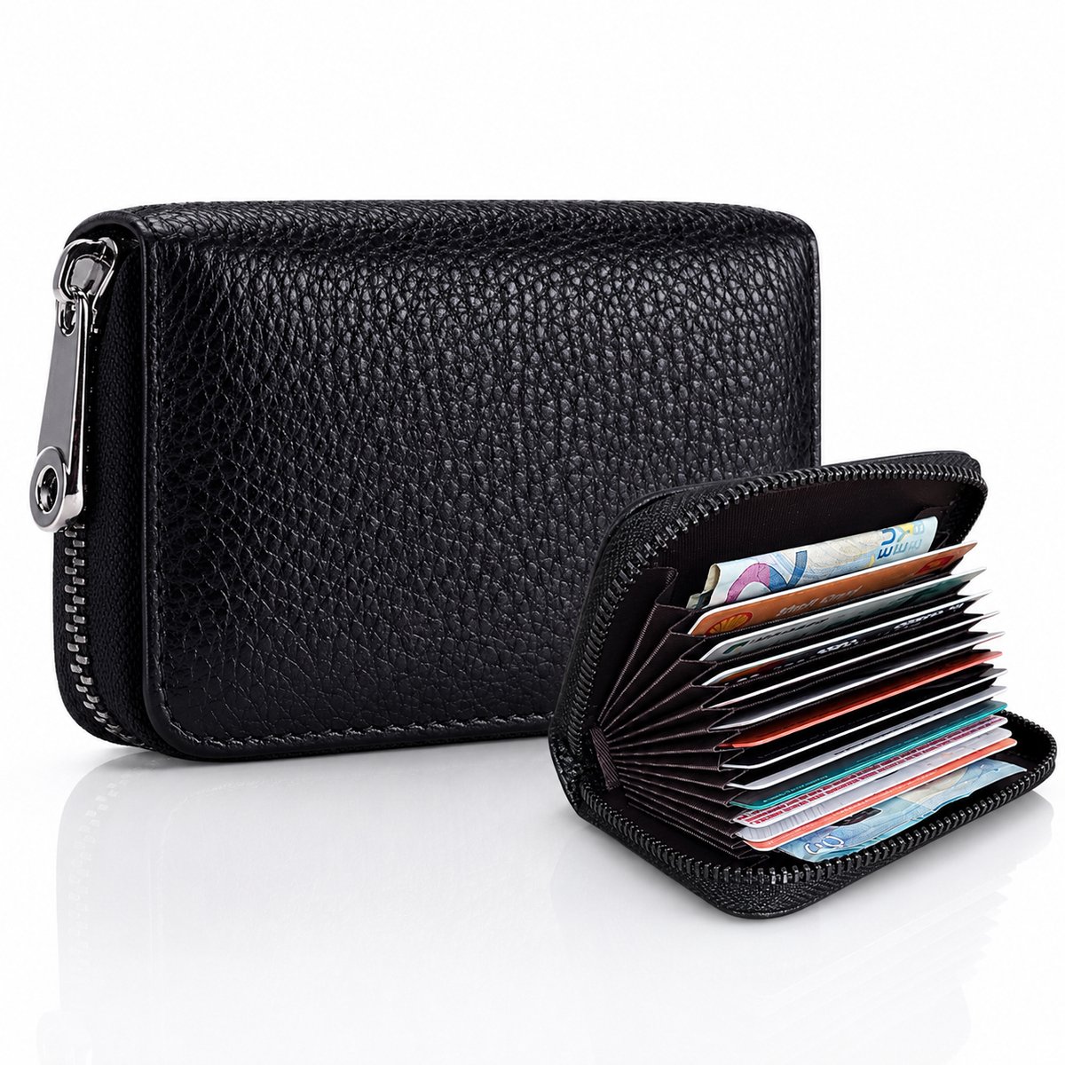Luxamore® Pasjeshouder Dames en Heren Zwart - Leer - RFID Anti Skim Bescherming - Creditcardhouder met Rits - 14 Pasjes - Compacte Portemonnee