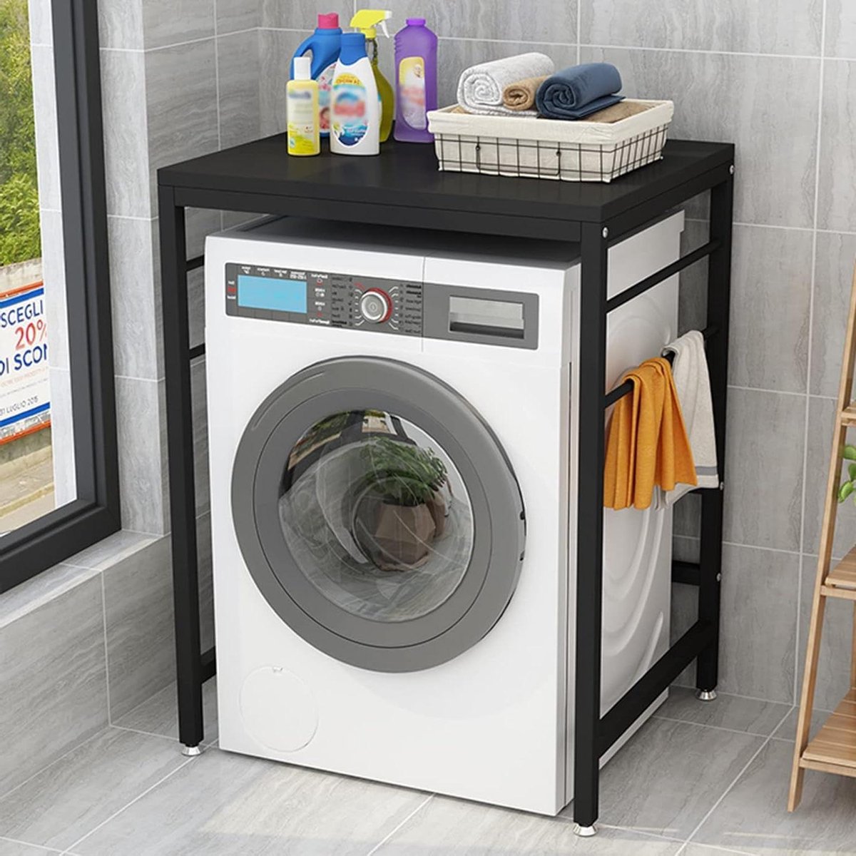 Wasmachine Opbergrek - Stapelrek Droger - Ruimte Besparen - Uittrekbaar Verstelbaar - 70x60x95cm - Zwart