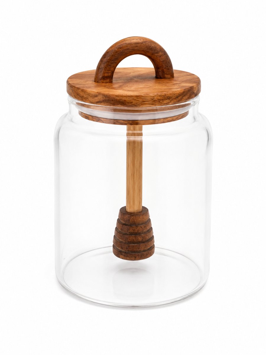 Mevaz Honingpot met Honinglepel – Glazen Voorraadpot met Acaciahouten Deksel – Honing Dispenser – Transparant – Luxe Design