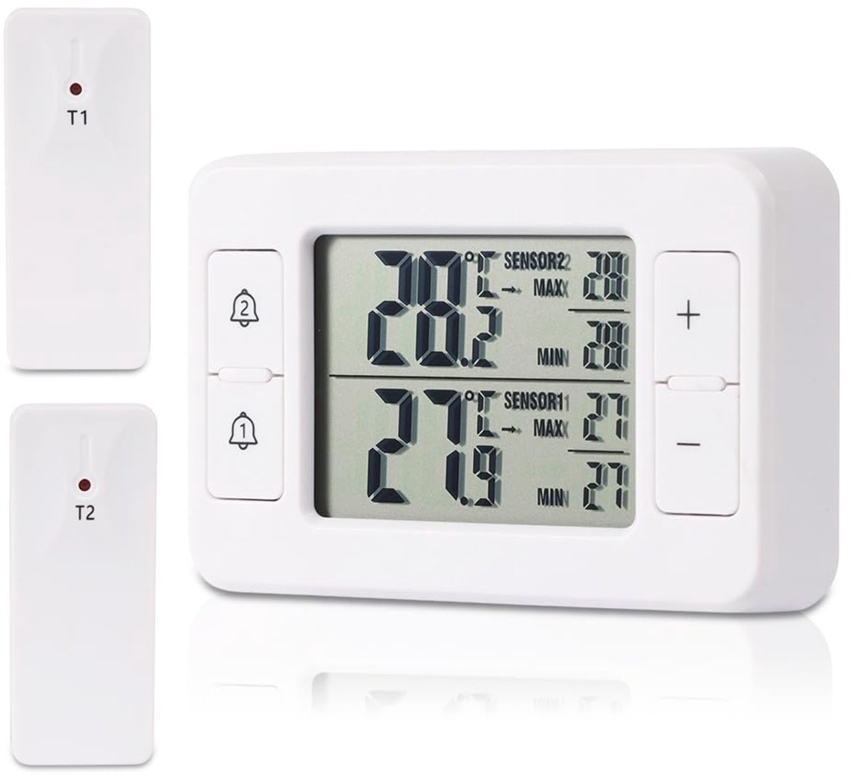 Koelkast Diepvriesthermometer - Temperatuurmeter Monitor - Voedselveiligheid Bewaken - Twee Draadloze Sensoren - 100m Zendbereik - Wit