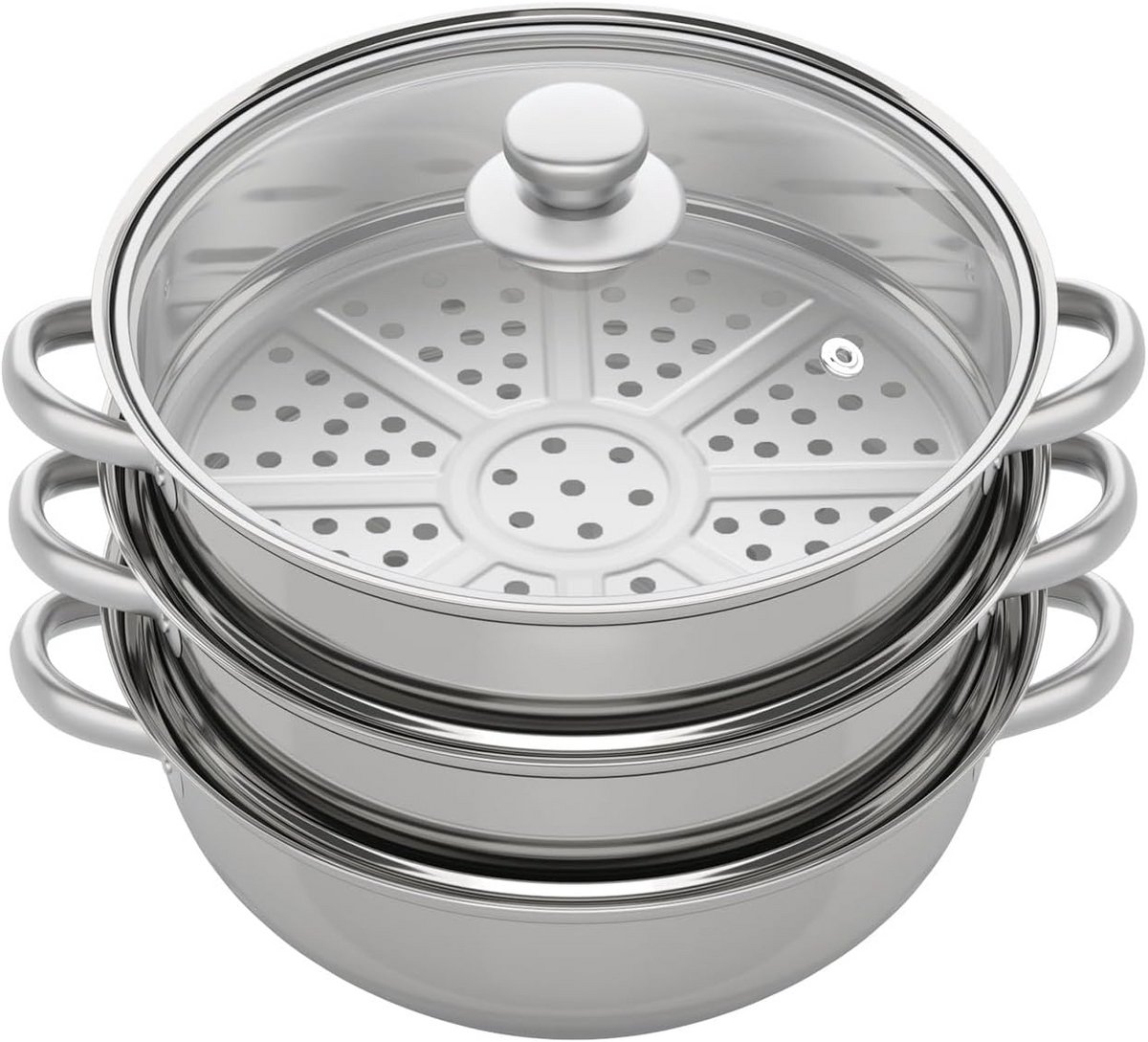 RVS Stoompan - Kookpan met stoominzet - Gezond Koken - 3 Stoomniveaus - 28 cm Diameter - Zilver