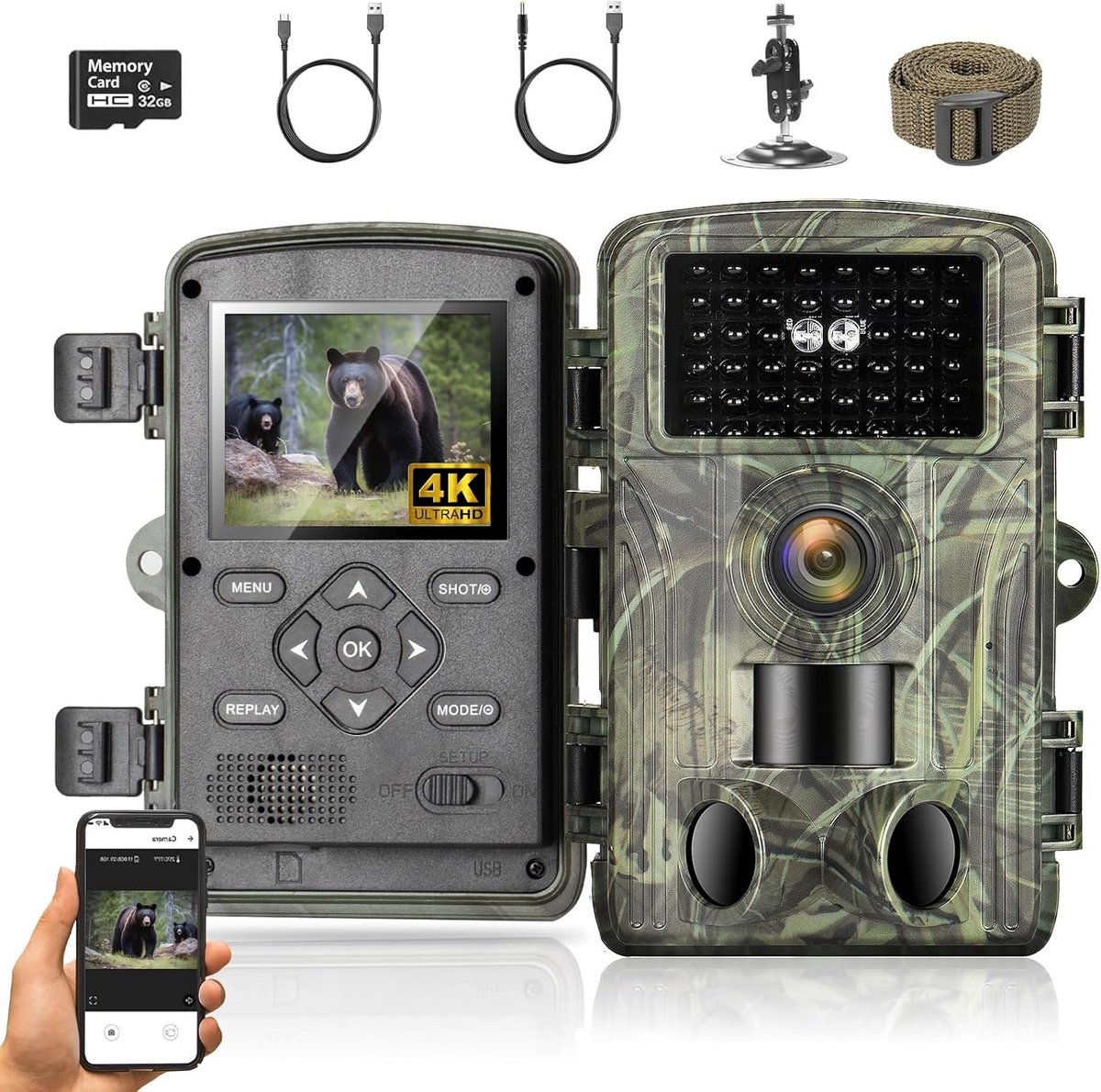 Wildcamera WLAN - Nachtzichtcamera Bewegingsmelder - Natuurlijk Leven Vastleggen - 4K Video WiFi App - 120 Graden Hoek - Camouflage