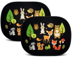 PromoHome 2x zonneklep auto met 8 zuignappen - bosdieren motief - 44x36cm - zonneklep zijruit - met opbergzak - voor kinderen, meisjes en jongens
